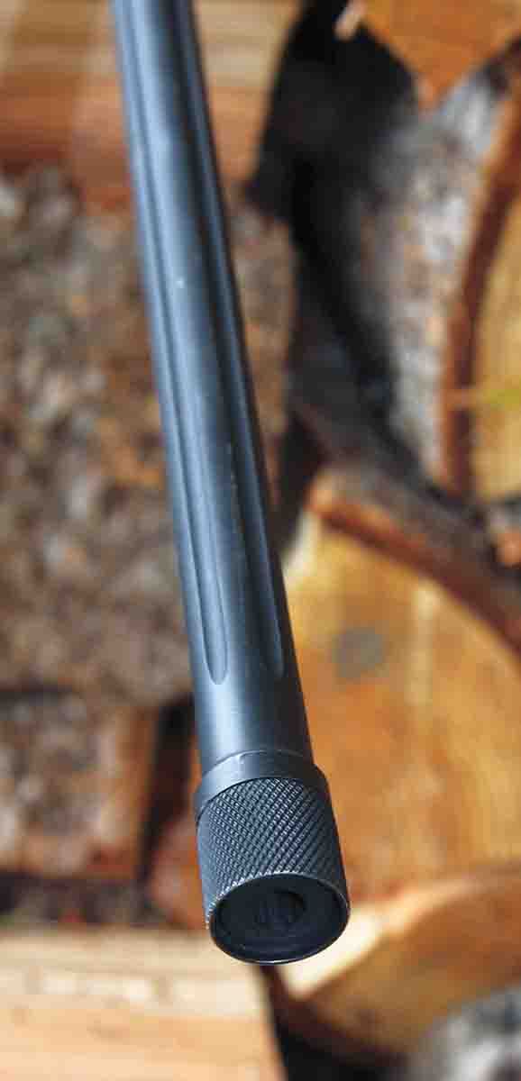 The light sporter barrel of the Mossberg Patriot LR Hunter is fluted and includes 5⁄8-24 muzzle threads to allow adding any desired muzzle device. A thread protector is provided.
